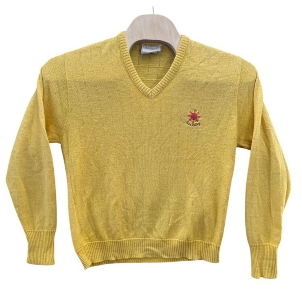 Vintage Hogan Sun Valley Yellow V-Neck Sweater Orlon Acrylic Mens Large USA Made